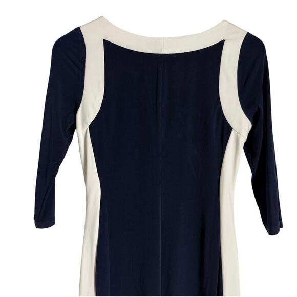 Glamour Navy White Ruched 3/4 Sleeve Colorblock Sheath Dress Size 4 Petite - Picture 7 of 10